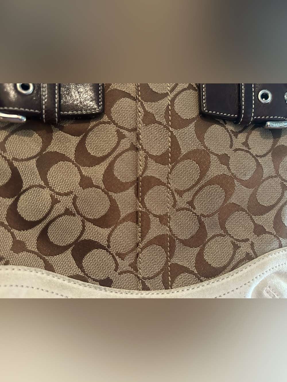 Auth. Coach Brown Signature Canvas Shoulder Bag with Shearling Cream Fur Trim!! - Picture 8 of 15